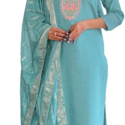 Ladies Sky Blue Chanderi Embroidered Kurta, Pant And  Dupatta Set
