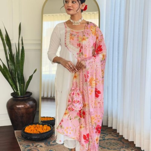 Ladies White Rayon Embroidered Kurta, Pant  And Dupatta Set