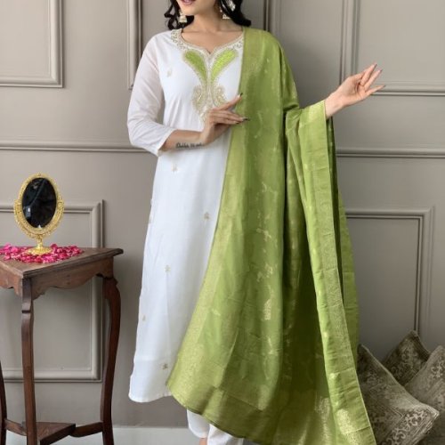 Ladies White Viscose Blend Embroidered Kurta, Pant And Dupatta Set