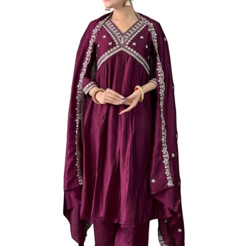 Ladies Wine Vichitra Silk Embroidered Kurta, Pant  And Dupatta Set