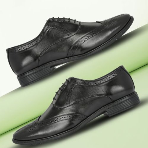 Mens Black Brogue Closed Lace-Up Shoes