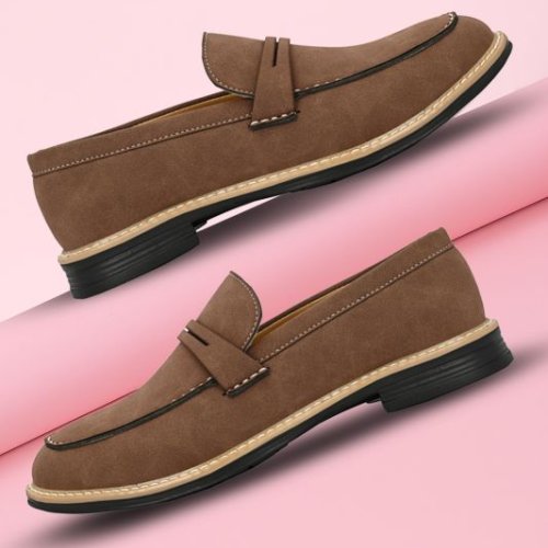 Mens Brown Loafer Suede Penny Strap Shoes
