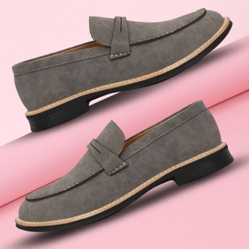 Mens Gray Loafer Tan-Stitch Penny Strap Shoes