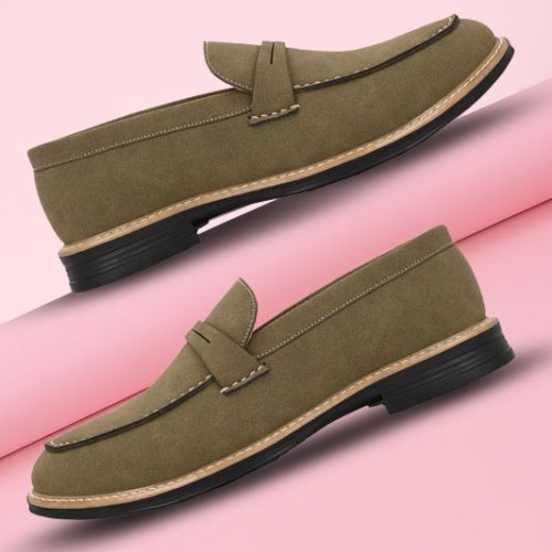 Mens Olive Loafer Earth-Tone Penny Strap Shoes