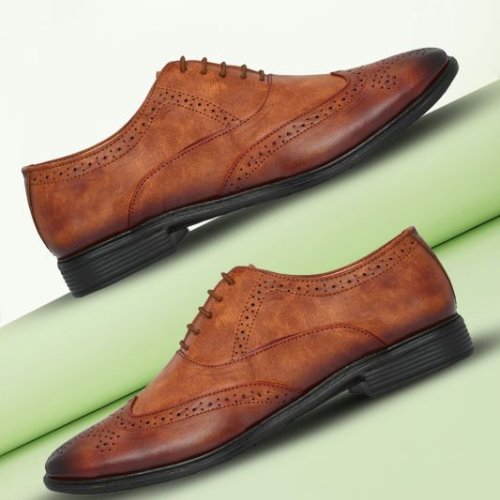 Mens Tan Brogue Wingtip Lace-Up Shoes