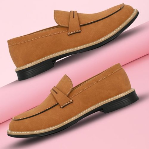Mens Tan Loafer Sole-Stitch Penny Strap Shoes
