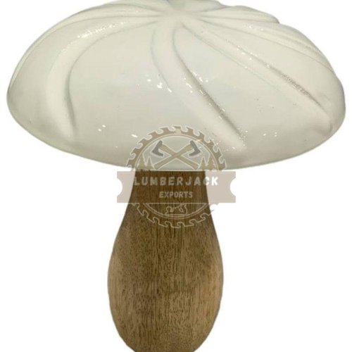 Glossy White Mushroom Sculpture with Wood Stem