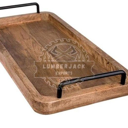 Modern Wooden Serving Tray with Metal Handles