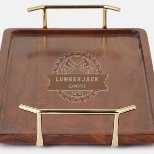 Rectangular Wooden Serving Tray with Golden Handles