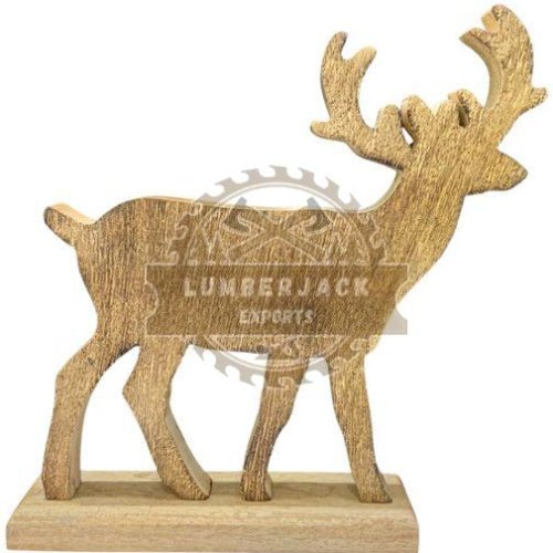 Wooden Carved Deer Sculpture with Raised Antlers
