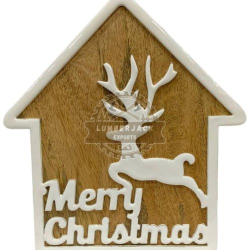 Wooden House Shaped Ornament with Reindeer &AMP; Text