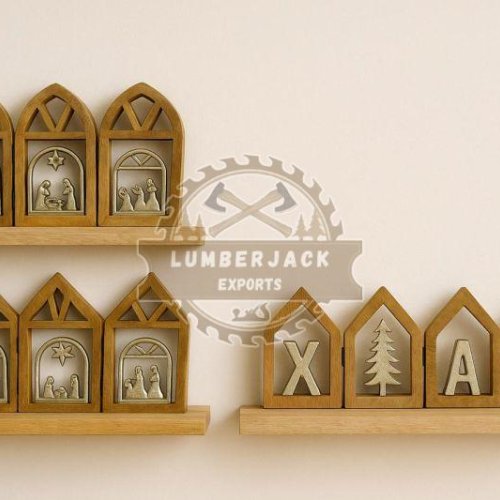 Wooden Nativity Shelf Set with House Shaped Frames