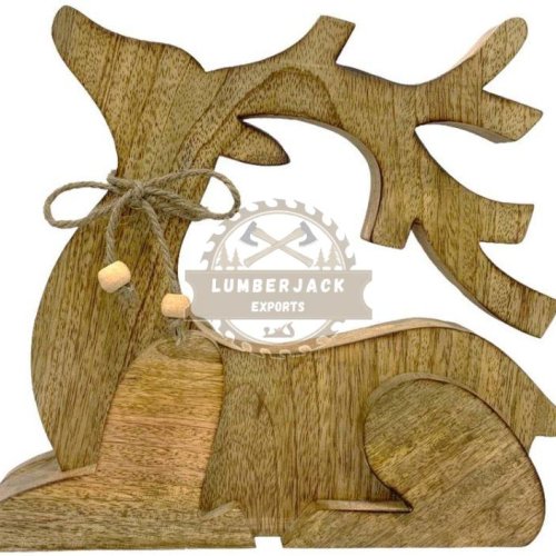Wooden Seated Reindeer Sculpture with Twine Bow