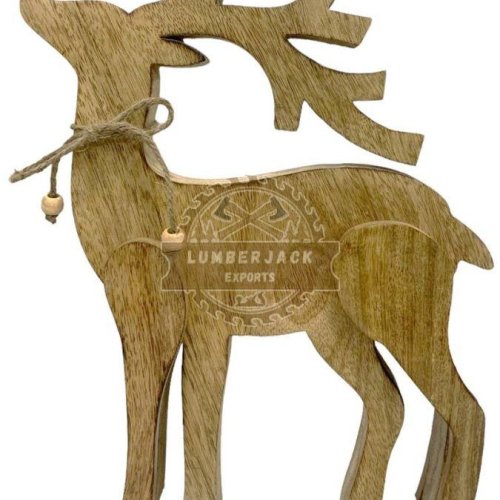 Wooden Standing Reindeer Figurine with Beaded Twine Bow