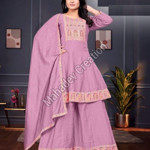 Ladies Lavender Embroidered Kurta Palazzo Set