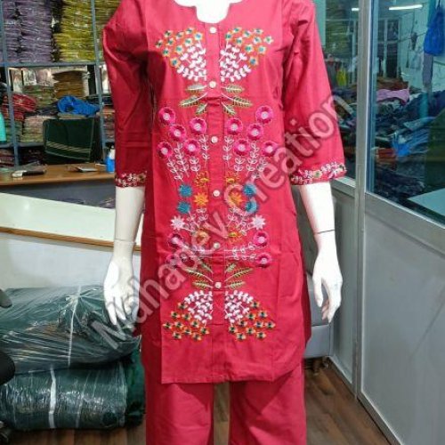 Ladies Red Floral Embroidered Co-ord Set