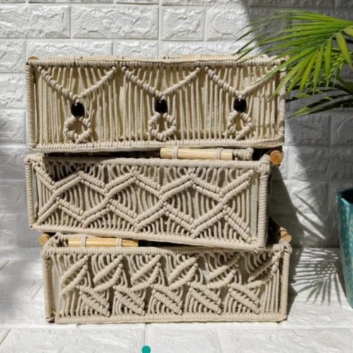 Beige Rectangular Cotton Rope Macrame Basket
