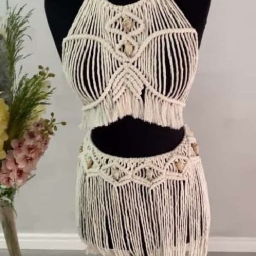 Boho Macrame Top Shirt Set