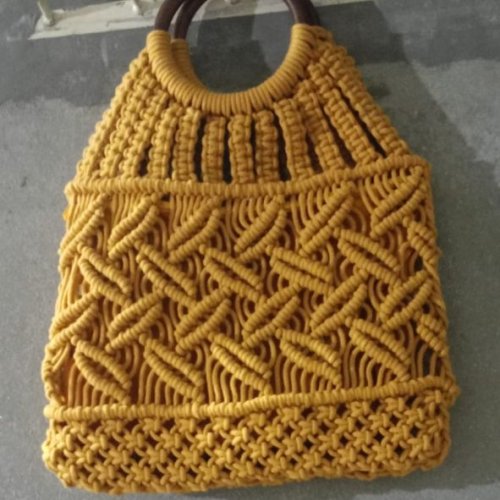 Handcrafted Yellow Macrame Hand Bag with Wooden Handle