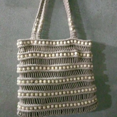 Off White Cotton Macrame Tote Bag
