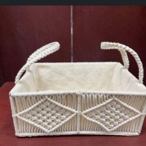 White Rectangular Cotton Rope Macrame Basket