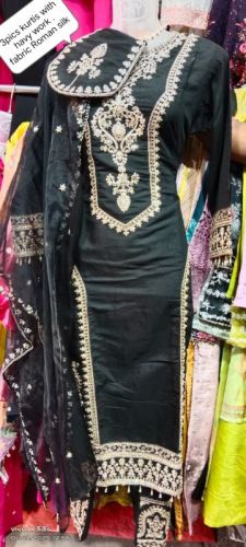 Dark Green Roman Silk Heavy Work Kurti Pant Set