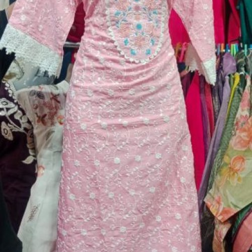 Pink Rayon Chikankari Kurti Pant Set