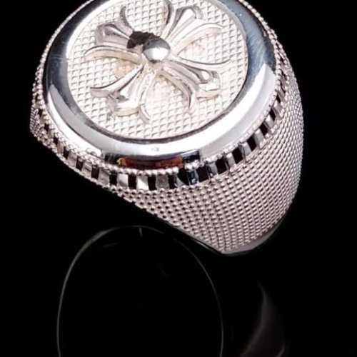 Cross Emblem Textured Silver Ring