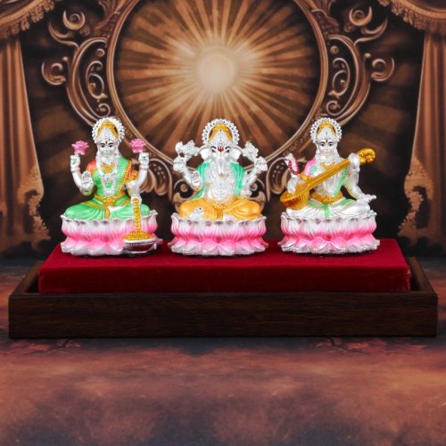 Lakshmi Ganesha & Saraswati Lotus Seated Combo Statue