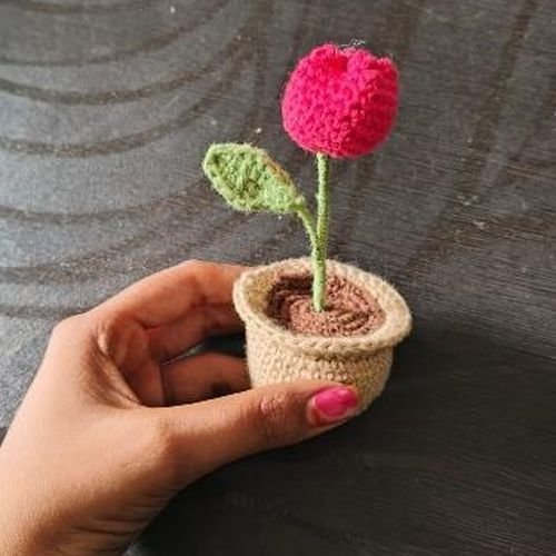 Pink Crochet Tulip Flower Pot