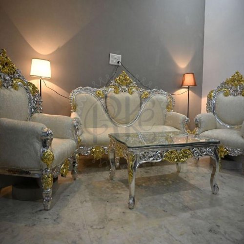 Cream Upholstery Ornate Living Room Set