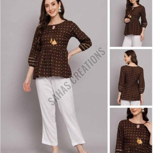 Coffee Printed Rayon Top