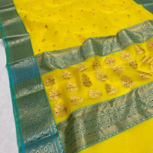 Floral Grid Yellow Banarasi Saree