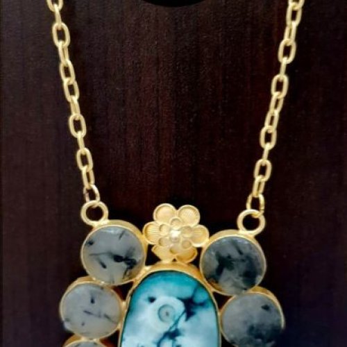 Ladies Blue Marbled Floral Gemstone Pendant Necklace