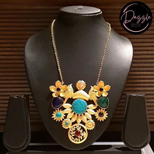 Ladies Colorburst Floral Golden Statement Necklace
