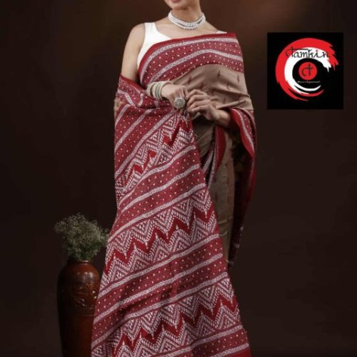 Ladies Fancy Red Katha Saree