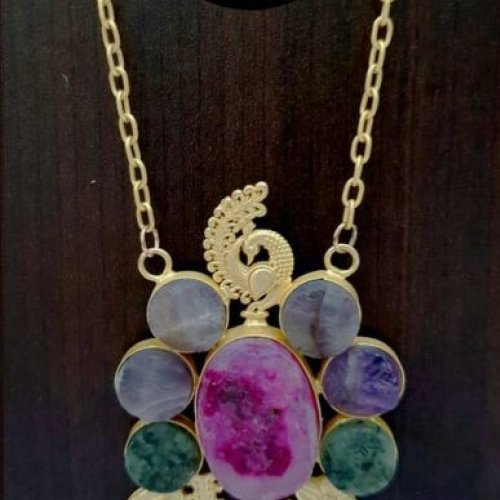 Ladies Floral Paisley Gemstone Pendant Necklace