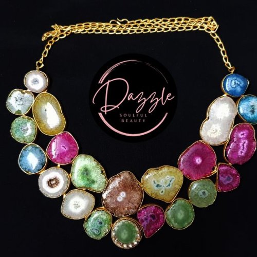 Ladies Multicolor Gemstone Cluster Golden Statement Necklace