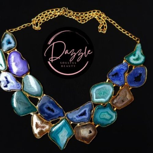 Ladies Multicolor Slice Cluster Golden Statement Necklace