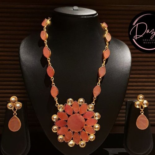 Ladies Pink Floral Golden Stone Jewelry Set