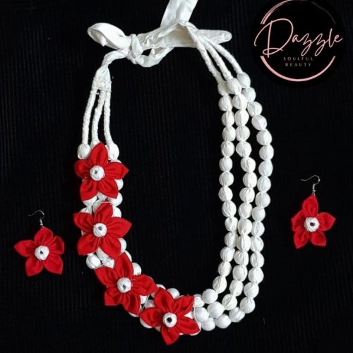 Ladies Red Floral Bead Ribbon Jewelry Set