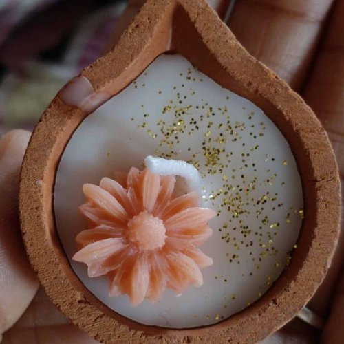 Brown Flower Terracotta Diya Candle