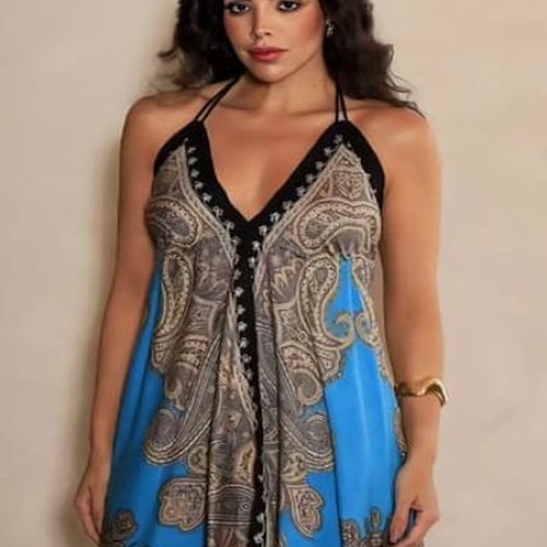 Black and Sky Blue Printed Satin Cowl Neck Mini Dress