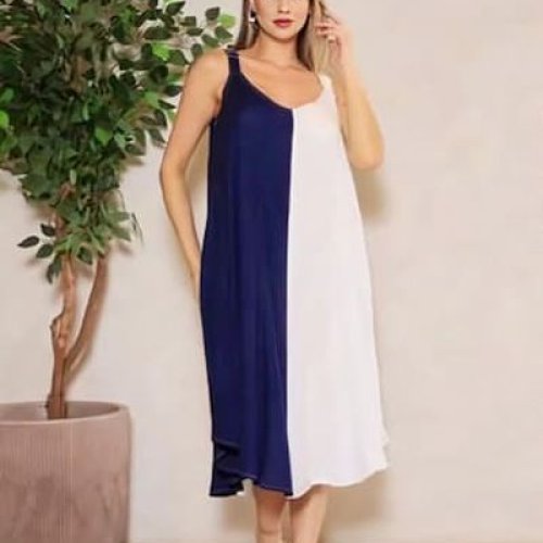 Blue and White Double Tone Cotton V Neck A-Line Midi Dress