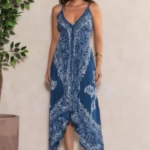 Blue Cotton Printed V Neck Handkerchief Hem Dress