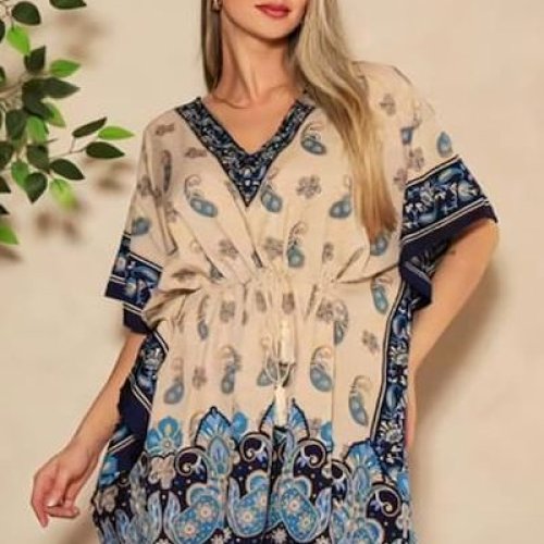 Casual Wear Ladies Blue Cotton Printed Kaftan