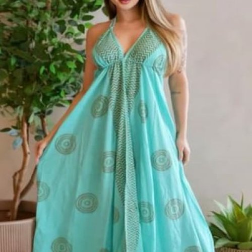 Casual Wear Light Green Printed Cotton V Neck Maxi Dress