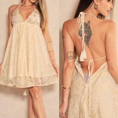 Cotton Cream Embroidered Halter Neck Mini Dress