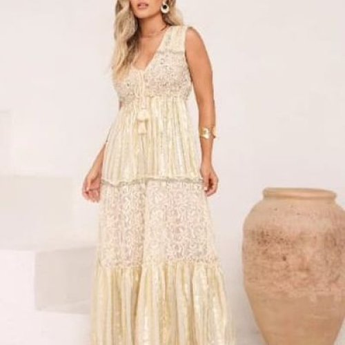 Handmade Cream Cotton Frill V Neck A-Line Maxi Dress