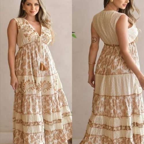 Ladies Beige Cotton Printed Sleeveless A-Line Maxi Dress